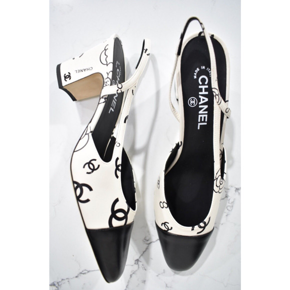 Chanel 23P Mademoiselle Coco Sling White Black CC Logo Slingback Sandal Heel 40 - Picture 3 of 13